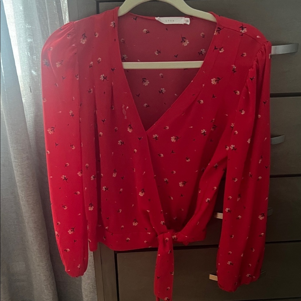 Lush Scarlet Floral V-Neck Blouse
